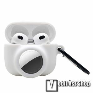 Szilikon védő tok Apple AirPods 3 / Apple AirTag-hez - 2 az 1-ben kialakítás, mosható, töltőnyílás, karabiner - FEHÉR kép