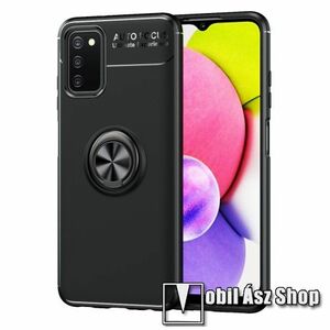 OTT! METAL RING szilikon védő tok / hátlap - FEKETE - fém ujjgyűrű, tapadófelület mágneses autós tartóhoz, kitámasztható, ERŐS VÉDELEM! - SAMSUNG Galaxy A03s (SM-A037F) kép
