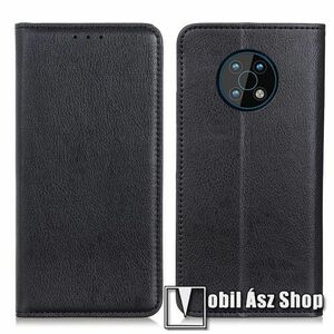 Notesz tok / flip tok - FEKETE - hasított bőr, asztali tartó funkciós, oldalra nyíló, rejtett mágneses záródás, bankkártya tartó zseb, szilikon belső - NOKIA G50 kép