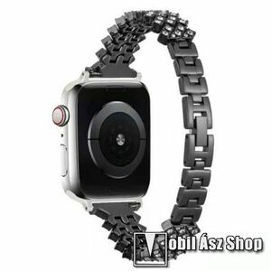 Okosóra szíj - rozsdamentes acél, csatos, strasszkővel díszített, 189mm hosszú - FEKETE - APPLE Watch Series 1/2/3 38mm / 4/5/6/SE 40mm / 7/8/9 41mm kép