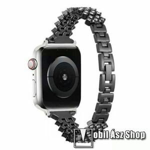 Okosóra szíj - rozsdamentes acél, csatos, strasszkővel díszített, 189mm hosszú - FEKETE - Apple Watch Series 1/2/3 42mm / 4/5/6/SE 44mm / 7/8 45mm / Ultra 49mm kép