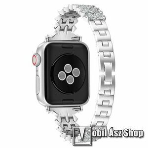 Okosóra szíj - rozsdamentes acél, csatos, strasszkővel díszített, 189mm hosszú - EZÜST - Apple Watch Series 1/2/3 42mm / 4/5/6/SE 44mm / 7/8 45mm / Ultra 49mm kép