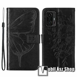 Notesz / mappa tok - GRAVÍROZOTT PILLANGÓ / VIRÁG MINTÁS - FEKETE - oldalra nyíló, rejtett mágneses záródás, belső zseb, asztali tartó funkció, szilikon belső - Xiaomi 11T / 11T Pro kép