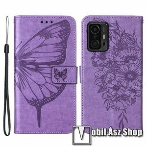 Notesz / mappa tok - GRAVÍROZOTT PILLANGÓ / VIRÁG MINTÁS - VILÁGOSLILA - oldalra nyíló, rejtett mágneses záródás, belső zseb, asztali tartó funkció, szilikon belső - Xiaomi 11T / 11T Pro kép