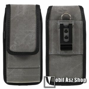 UNIVERZÁLIS álló tok - övre fűzhető / fém övcsipesz, tépőzáras záródás, bankkártyatartó zseb, gumis, cseppálló oxford szövet, karabiner - 168 x 68 x 28mm - SZÜRKE kép