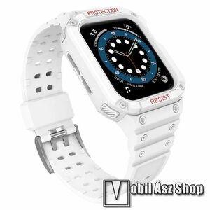 Okosóra szilikon szíj és műanyag védő keret - 106mm + 127mm hosszú - FEHÉR - APPLE Watch Series 1/2/3 42mm / 4/5/6/SE 44mm / 7 / 8 45mm kép