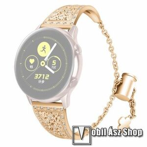 Fém okosóra szíj - strasszkővel díszített, virág mintás, állítható méret, 22mm széles - ARANY - SAMSUNG Galaxy Watch 46mm / Watch GT2 46mm / Watch GT 2e / Galaxy Watch3 45mm / Honor MagicWatch 2 46mm kép