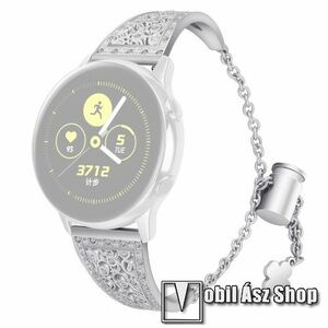 Fém okosóra szíj - strasszkővel díszített, virág mintás, állítható méret, 20mm széles - EZÜST - SAMSUNG Galaxy Watch 42mm / Xiaomi Amazfit GTS / Gear S2 / HUAWEI Watch GT 2 42mm / Watch Active / Active 2 / Watch4 kép
