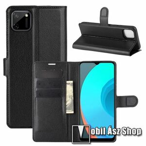 WALLET notesz tok / flip tok - FEKETE - asztali tartó funkciós, oldalra nyíló, rejtett mágneses záródás, bankkártyatartó zseb, szilikon belső - Realme C11 kép