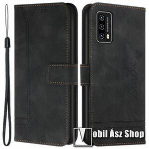 WALLET notesz tok / flip tok - FEKETE - smile minta, csuklópánt, asztali tartó funkciós, oldalra nyíló, rejtett mágneses záródás, bankkártyatartó zsebek, szilikon belső - Blackview A90 kép