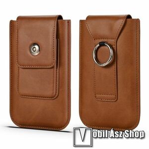 UNIVERZÁLIS álló bőrtok - PU bőr, patent záródás, övre fűzhető, bankkártyatartó zseb, fém gyűrű, akasztható, belső méret: 155mm x 88mm x 14mm - SÖTÉTBARNA kép