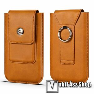 UNIVERZÁLIS álló bőrtok - PU bőr, patent záródás, övre fűzhető, bankkártyatartó zseb, fém gyűrű, akasztható, belső méret: 155mm x 88mm x 14mm - VILÁGOSBARNA kép