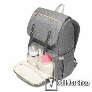 UNIVERZÁLIS Multifunkcionális kismama hátizsák - szövet, vízálló, megvastagított és légáteresztő párnázat a hátoldalon, cumisüveg tartó, lopásgátló zsebek, babakocsira akasztható, 270 x 150 x 460mm - SZÜRKE kép