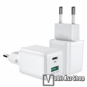 JOYROOM mini hálózati töltő USB / Type C aljzattal - QC 3.0/PD 3.0 gyorstöltés, 30W, USB aljzat: 5V/4.5A; 9V/2A; 12V/1.5A Type-C aljzat 5V/3A; 9V/3A; 12V/2.5A; 15V/2A; 20V/1.5A - FEHÉR - JR-QP303 - GYÁRI kép