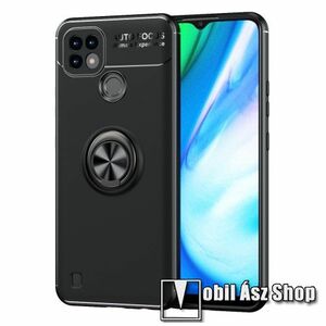 OTT! METAL RING szilikon védő tok / hátlap - FEKETE - fém ujjgyűrű, tapadófelület mágneses autós tartóhoz, kitámasztható, ERŐS VÉDELEM! - Realme C21 kép