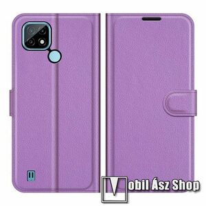 WALLET notesz tok / flip tok - LILA - asztali tartó funkciós, oldalra nyíló, rejtett mágneses záródás, bankkártyatartó zseb, szilikon belső - Realme C21 kép