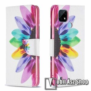 Notesz / mappa tok - SZÍNES VIRÁG MINTÁS - FEHÉR - oldalra nyíló, rejtett mágneses záródás, belső zseb, asztali tartó funkció, szilikon belső - Realme C20 / Realme C21 kép