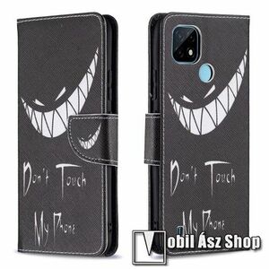 Notesz / mappa tok - Do Not Touch My Phone mintás - FEKETE - oldalra nyíló, rejtett mágneses záródás, belső zseb, asztali tartó funkció, szilikon belső - Realme C20 / Realme C21 kép