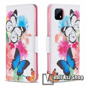 Notesz / mappa tok - LEPKE ÉS VIRÁG MINTÁS - FEHÉR - oldalra nyíló, rejtett mágneses záródás, belső zseb, asztali tartó funkció, szilikon belső - Realme C20 / Realme C21 kép