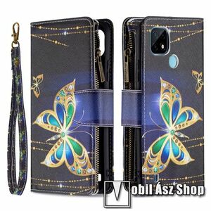 Notesz / mappa tok - PILLANGÓ MINTÁS - KÉK - oldalra nyíló, rejtett mágneses záródás, belső zseb, asztali tartó funkció, szilikon belső - Realme C20 / Realme C21 kép