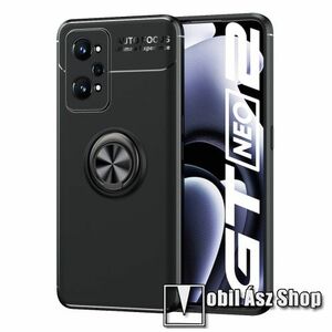 OTT! METAL RING szilikon védő tok / hátlap - FEKETE - fém ujjgyűrű, tapadófelület mágneses autós tartóhoz, kitámasztható, ERŐS VÉDELEM! - Realme GT Neo2 / GT Neo 3T kép