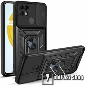 OTT! CAMSHIELD ARMOR műanyag védő tok / hátlap - FEKETE - szilikon betétes, kitámasztható, fém ujjgyűrűvel, eltolható kamera védő fedéllel, tapadófelület mágneses autós tartóhoz - ERŐS VÉDELEM! - Realme C21 kép