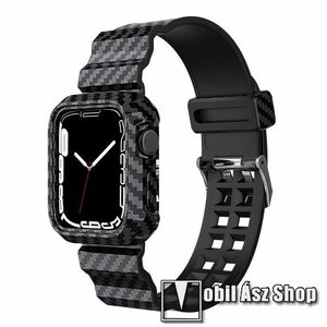Okosóra szilikon szíj és műanyag védő keret - karbon mintás, 245mm hosszú - FEKETE - Apple Watch Series 1/2/3 38mm / 4/5/6/SE 40mm / 7/8/9 41mm / 10 42mm kép