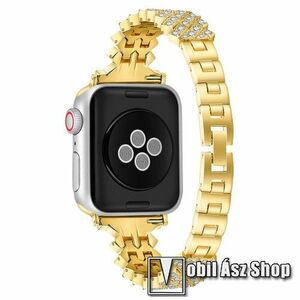 Okosóra szíj - alumíniumötvözet, csatos, strasszkővel díszített, 189mm hosszú - ARANY - Apple Watch Series 1/2/3 38mm / 4/5/6/SE 40mm / 7/8/9 41mm / 10 42mm kép