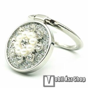 UNIVERZÁLIS fém ujjtámasz, gyűrű tartó - Biztos fogás készülékéhez, kitámasztható, gyönggyel és strasszkővel díszített - EZÜST VIRÁG MINTÁS kép