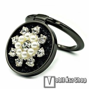 UNIVERZÁLIS fém ujjtámasz, gyűrű tartó - Biztos fogás készülékéhez, kitámasztható, gyönggyel és strasszkővel díszített - FEKETE VIRÁG MINTÁS kép