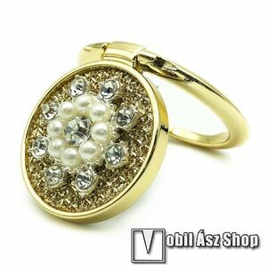 UNIVERZÁLIS fém ujjtámasz, gyűrű tartó - Biztos fogás készülékéhez, kitámasztható, gyönggyel és strasszkővel díszített - ARANY VIRÁG MINTÁS kép