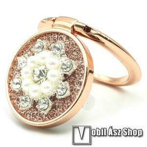 UNIVERZÁLIS fém ujjtámasz, gyűrű tartó - Biztos fogás készülékéhez, kitámasztható, gyönggyel és strasszkővel díszített - ROSE GOLD VIRÁG MINTÁS kép