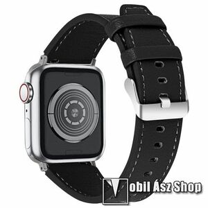 Okosóra szíj - FEKETE - valódi bőr, 130mm + 90mm hosszú - Apple Watch Series 1/2/3 38mm / 4/5/6/SE 40mm / 7/8/9 41mm / 10 42mm kép