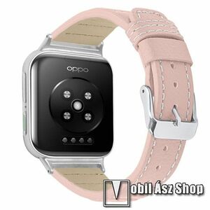 Okosóra szíj - RÓZSASZÍN / FEHÉR VARRÁSSAL - valódi bőr, keskeny kialakítású, 114mm + 86mm hosszú - Oppo Watch 46mm kép