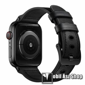 Okosóra szíj - FEKETE - valódi bőr / szilikon - 115mm + 95mm hosszú - Apple Watch Series 1/2/3 38mm / 4/5/6/SE 40mm / 7/8/9 41mm / 10 42mm kép