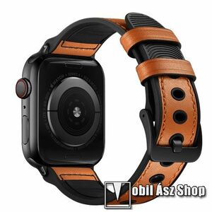 Okosóra szíj - FEKETE / BARNA - valódi bőr / szilikon - 115mm + 95mm hosszú - Apple Watch Series 1/2/3 38mm / 4/5/6/SE 40mm / 7/8/9 41mm / 10 42mm kép