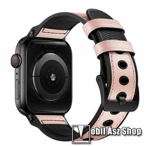 Okosóra szíj - FEKETE / RÓZSASZÍN - valódi bőr / szilikon - 115mm + 95mm hosszú - Apple Watch Series 1/2/3 42mm / 4/5/6/SE 44mm / 7/8 45mm / 10 46mm / Ultra / Ultra 2 49mm kép