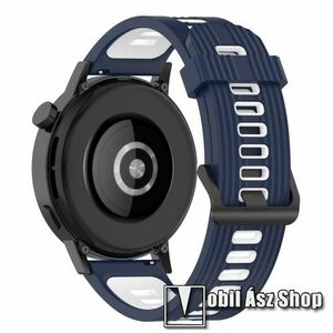 Okosóra szíj - szilikon, csíkos textúra - ÉJKÉK / FEHÉR - 117mm + 89mm hosszú, 20mm széles - SAMSUNG Galaxy Watch 42mm / Xiaomi Amazfit GTS / Gear S2 / HUAWEI Watch GT 2 42mm / Watch Active / Active 2 / Watch4 kép