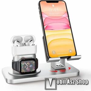 3 az 1-ben Apple Watch, Airpods és Iphone tartó asztali állvány / dokkoló - műanyag, kábelelvezető, csúszásgátló, 180°-ban forgatható, 180 x 96 x 92mm, a töltők NEM TARTOZÉKOK! - EZÜST kép