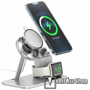 3 az 1-ben Apple Watch, Airpods és Iphone tartó szilikon asztali állvány / dokkoló Apple MagSafe-hez - alumínium, kábelelvezető, csúszásgátló, 360°-ban forgatható, 155 x 87 x 112mm, a töltők NEM TARTOZÉKOK! - EZÜST kép