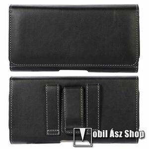 UNIVERZÁLIS fekvő tok - patent záródás, övre fűzhető, övcsipesz, gumis, bankkártyatartó zsebek, dupla fakkos egyszerre 2 készülék tartható benne - 170mm x 85mm x 15mm - FEKETE kép