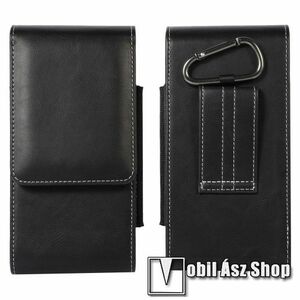 UNIVERZÁLIS álló tok - övre fűzhető / karabiner, gumis, patent záródás, bankkártyatartó zsebek, dupla fakkos egyszerre 2 készülék tartható benne - 170mm x 85mm x 15mm - FEKETE kép