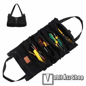 UNIVERZÁLIS szerszám táska / tároló - vastag szövet, többzsebes kialakítás, vízálló, 5 cipzáras zseb, feltekerhető, hordozó fül, csatos, 47 x 28 cm - FEKETE kép