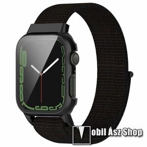 Okosóra szövet szíj és műanyag védő keret - tépőzáras, 75 + 120mm hosszú, 9H edzett üveg előlap védő is! - FEKETE - APPLE Watch Series 7 (41mm) / Series 8 (41mm) / Series 9 (41mm) kép