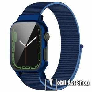 Okosóra szövet szíj és műanyag védő keret - tépőzáras, 75 + 120mm hosszú, 9H edzett üveg előlap védő is! - SÖTÉTKÉK - APPLE Watch Series 7 (41mm) / Series 8 (41mm) / Series 9 (41mm) kép