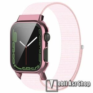 Okosóra szövet szíj és műanyag védő keret - tépőzáras, 75 + 120mm hosszú, 9H edzett üveg előlap védő is! - RÓZSASZÍN - APPLE Watch Series 7 (41mm) / Series 8 (41mm) / Series 9 (41mm) kép