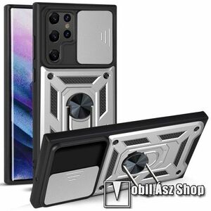OTT! CAMSHIELD ARMOR műanyag védő tok / hátlap - EZÜST - szilikon betétes, kitámasztható, fém ujjgyűrűvel, eltolható kamera védő fedéllel, tapadófelület mágneses autós tartóhoz - ERŐS VÉDELEM! - SAMSUNG Galaxy S22 Ultra 5G (SM-S908) kép