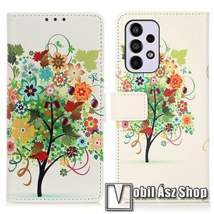 Notesz / mappa tok - SZÍNES VIRÁGZÓ FA MINTÁS - oldalra nyíló, rejtett mágneses záródás, bankkártyatartó zseb, asztali tartó funkció, szilikon belső - SAMSUNG Galaxy A33 5G (SM-A336) kép