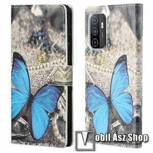 Notesz / mappa tok - KÉK PILLANGÓ MINTÁS - oldalra nyíló, rejtett mágneses záródás, bankkártyatartó zsebek, asztali tartó funkció, szilikon belső - SAMSUNG Galaxy A33 5G (SM-A336) kép