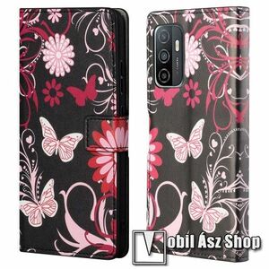 Notesz / mappa tok - VIRÁG / PILLANGÓ MINTÁS - oldalra nyíló, rejtett mágneses záródás, bankkártyatartó zsebek, asztali tartó funkció, szilikon belső - SAMSUNG Galaxy A53 5G (SM-A536U) kép